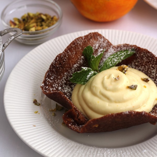 White Chocolate Grand Marnier Mousse In Chocolate Pistachio Tuile Cups